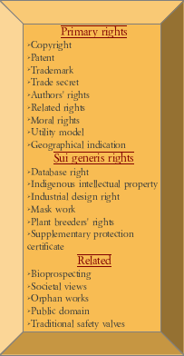 inventor's intellectual property category list. primary rights: copyright, patent, trademark, trade secret, author's rights, related rights, moral rights, utility model, geographical indication. Sui generis rights: database rights, indigenous intellectual property, industrial design right, mask work, plant breeder's rights, supplementary protection. Related: Bioprospecting, societal views, orphan works, public domain, traditional safety valves.